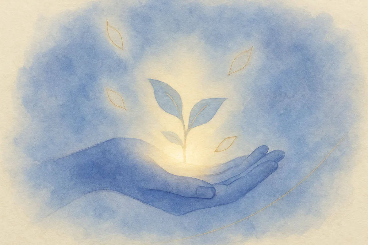 Illustration aquarelle poétique aux tons bleu doux, dans le style de La Clairière, évoquant l'abondance financière, c'est possible.