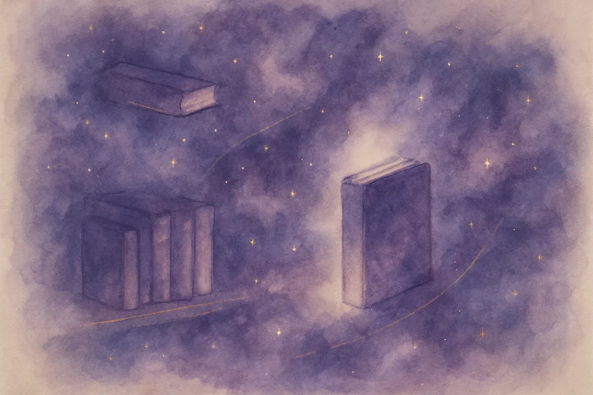 Illustration aquarelle poétique aux tons violet profond, dans le style de La Clairière, évoquant annales akashiques : la mémoire de l'univers.
