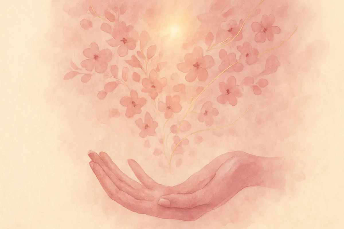 Illustration aquarelle poétique aux tons rose poudré, dans le style de La Clairière, évoquant attirer l'abondance avec la loi d'attraction.