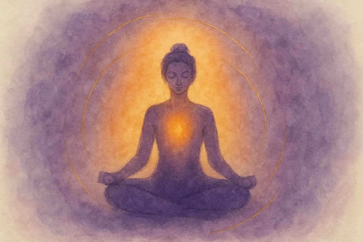 Illustration aquarelle poétique aux tons violet profond, dans le style de La Clairière, évoquant aura orange : quelle est sa signification.
