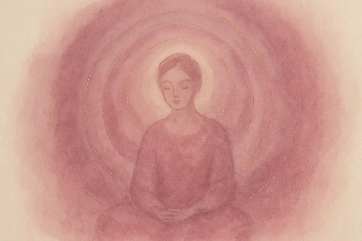 Illustration aquarelle poétique aux tons rose poudré, dans le style de La Clairière, évoquant les 7 auras et leurs définitions.