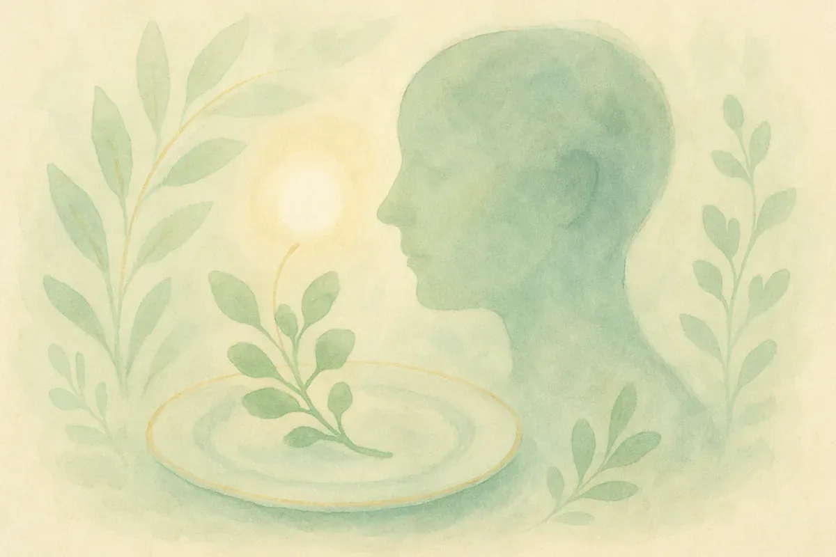 Illustration aquarelle poétique aux tons vert jade, dans le style de La Clairière, évoquant bien manger pour son cerveau : l’assiette de la bonne humeur