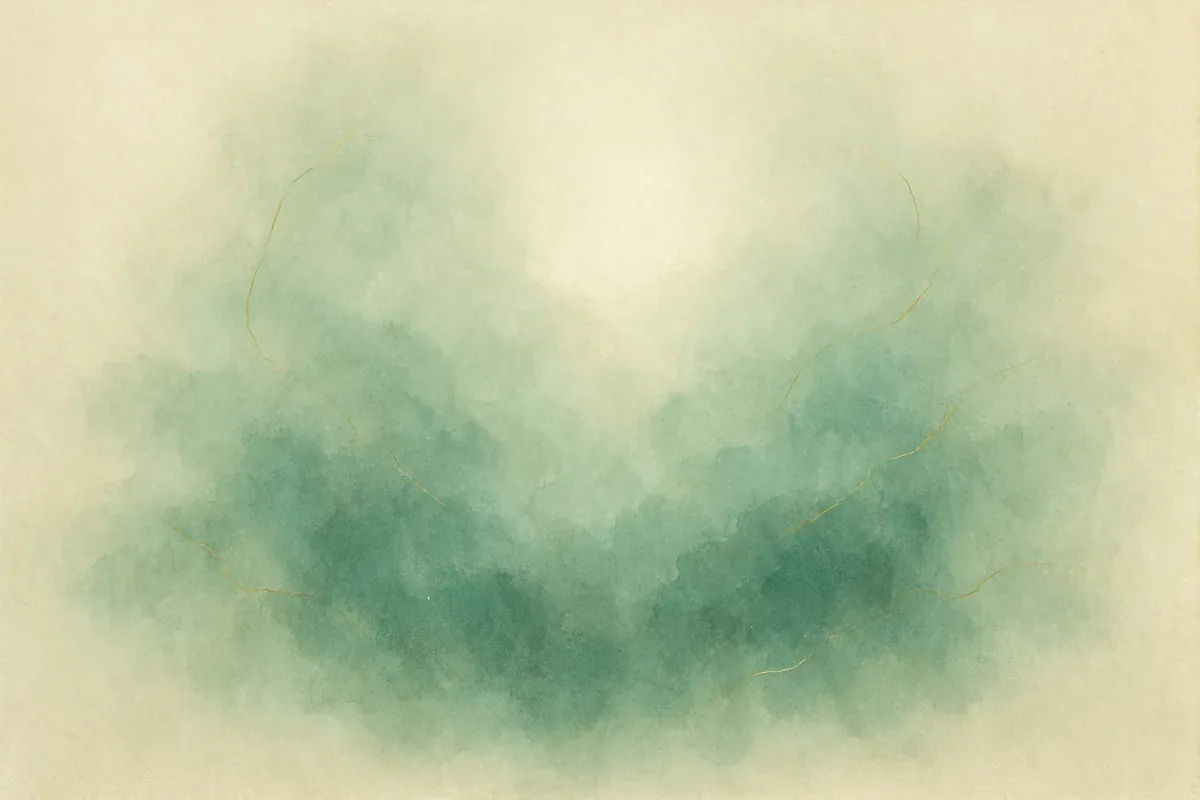 Illustration aquarelle poétique aux tons vert jade, dans le style de La Clairière, évoquant brouillard mental : retrouver clarté et concentration