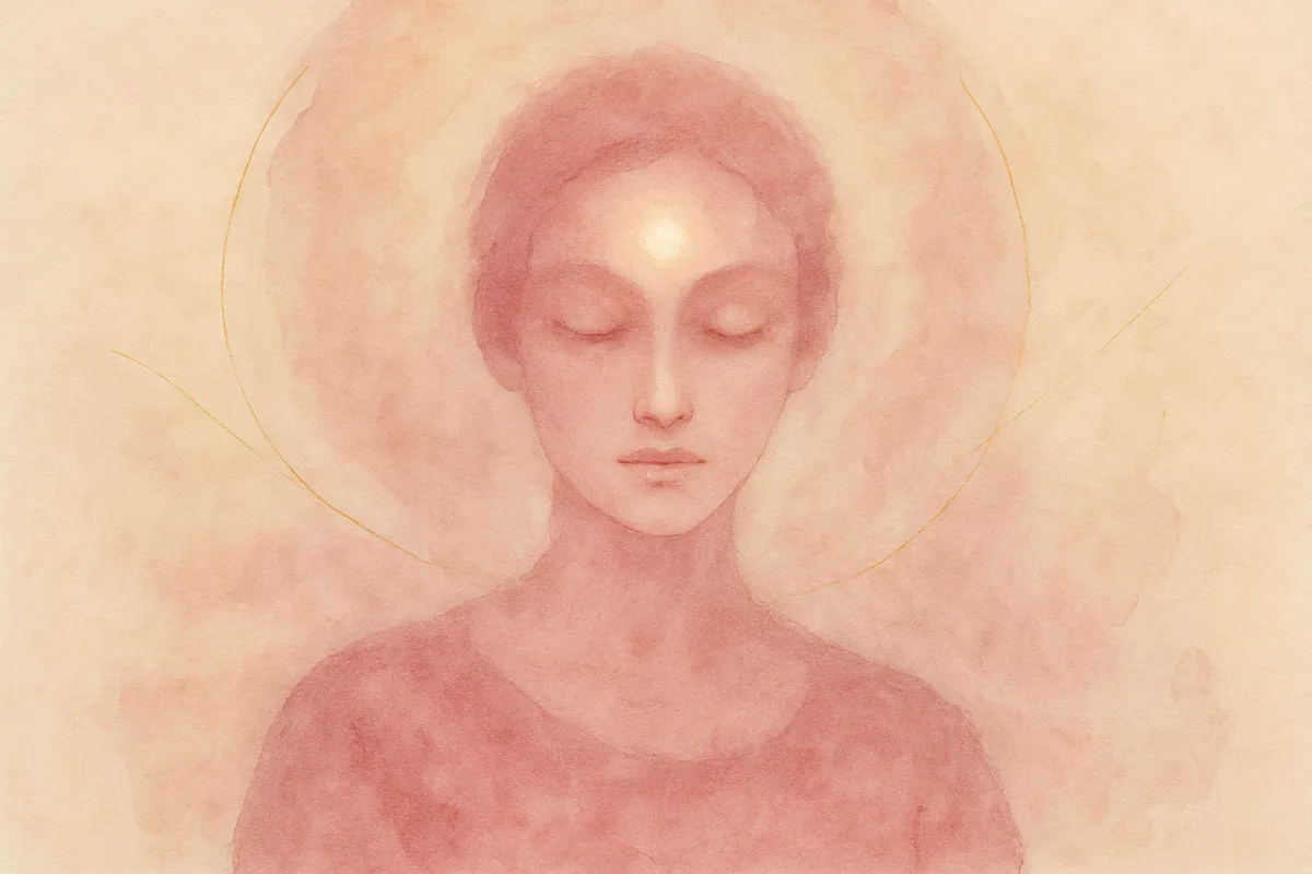 Illustration aquarelle poétique aux tons rose poudré, dans le style de La Clairière, évoquant ces capacités extra sensorielles que nous possédons tous.
