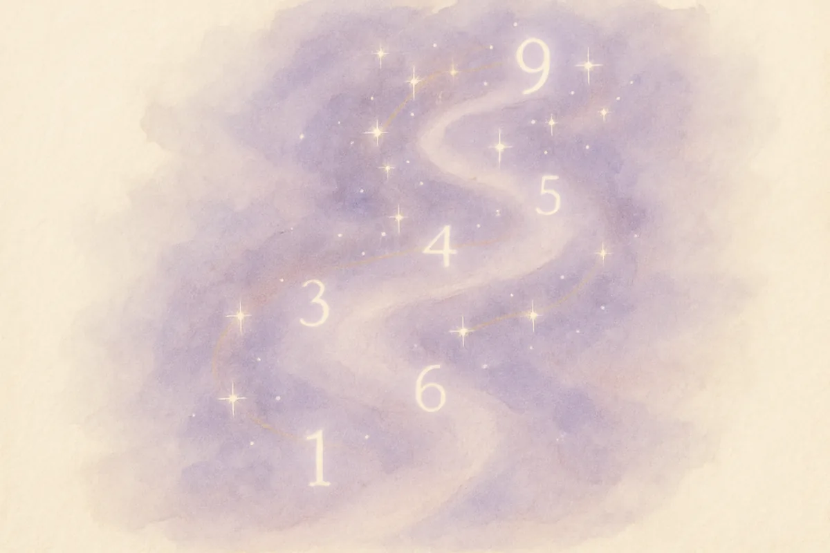 Illustration aquarelle poétique aux tons mauve, dans le style de La Clairière, évoquant connaître mon chiffre mission de vie pour mieux me connaître.