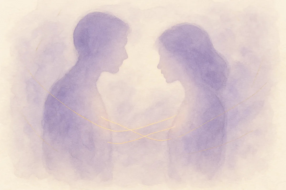 Illustration aquarelle poétique aux tons mauve, dans le style de La Clairière, évoquant comment manifester quelqu'un.
