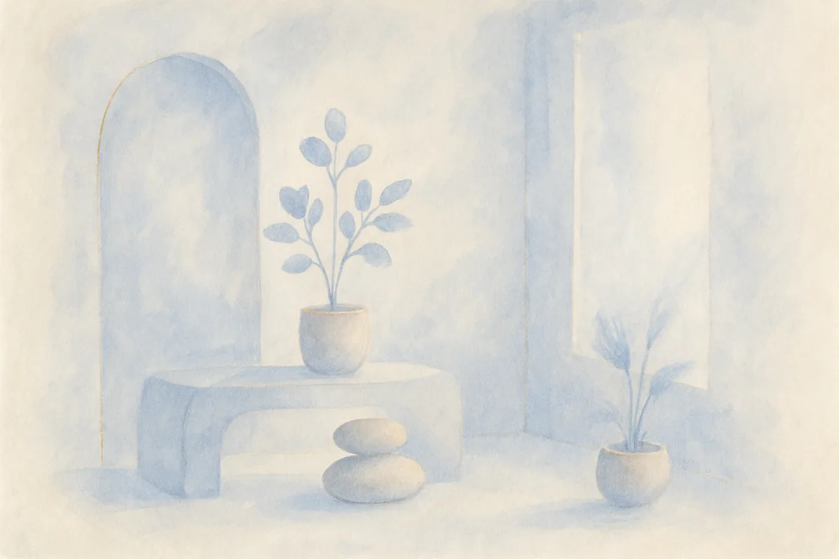 Illustration aquarelle poétique aux tons bleu doux, dans le style de La Clairière, évoquant comment se former au Feng Shui.