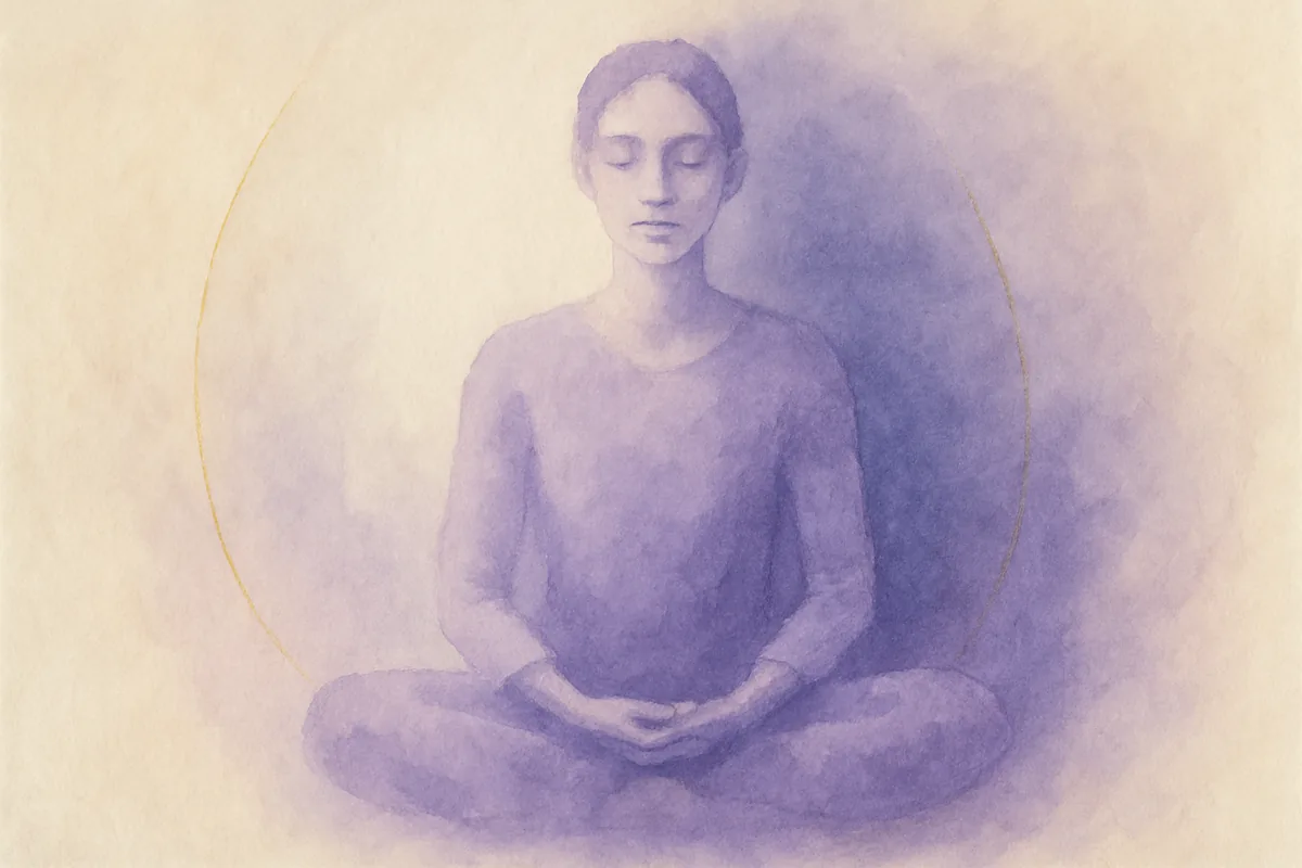 Illustration aquarelle poétique aux tons mauve, dans le style de La Clairière, évoquant devenir équanime et le rester.