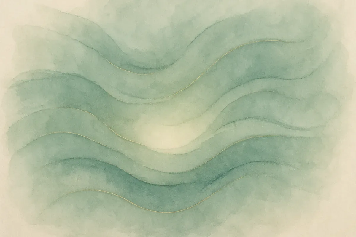 Illustration aquarelle poétique aux tons vert jade, dans le style de La Clairière, évoquant digestion et stress : apaiser son ventre