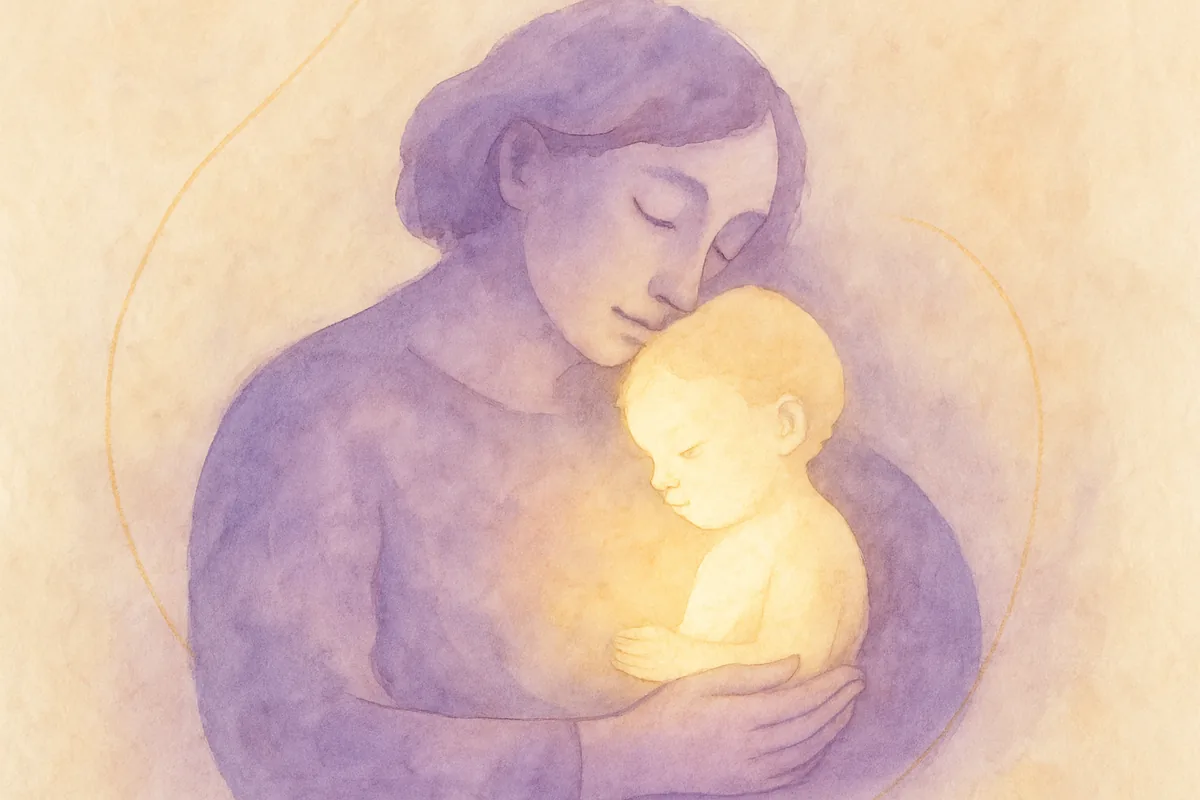 Illustration aquarelle poétique aux tons mauve, dans le style de La Clairière, évoquant enfant intérieur : le rencontrer et le guérir.