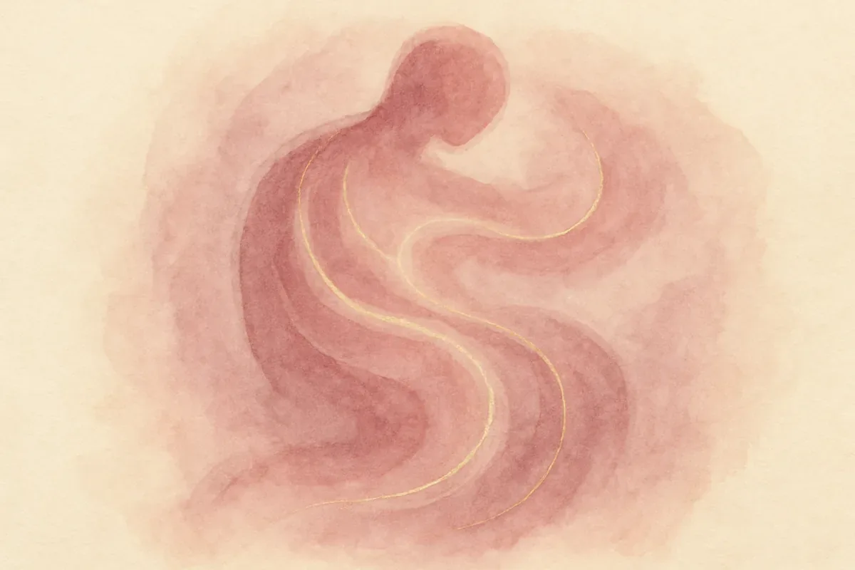 Illustration aquarelle poétique aux tons rose poudré, dans le style de La Clairière, évoquant faire circuler son énergie vitale