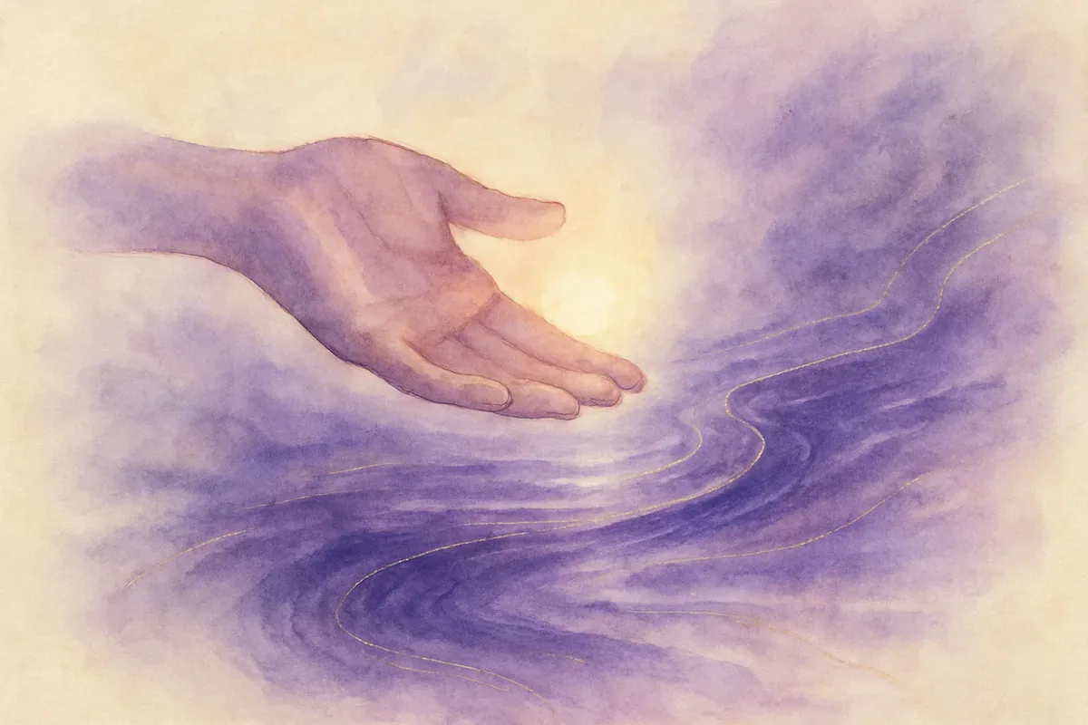 Illustration aquarelle poétique aux tons violet, dans le style de La Clairière, évoquant faire confiance à la vie : le lâcher-prise spirituel