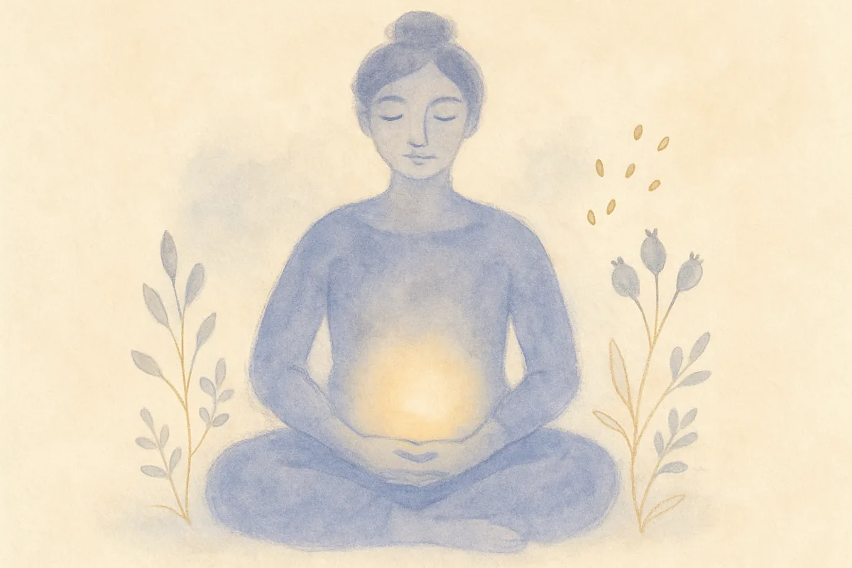 Illustration aquarelle poétique aux tons bleu doux, dans le style de La Clairière, évoquant l'intelligence Nutritionnelle et le Microbiote.