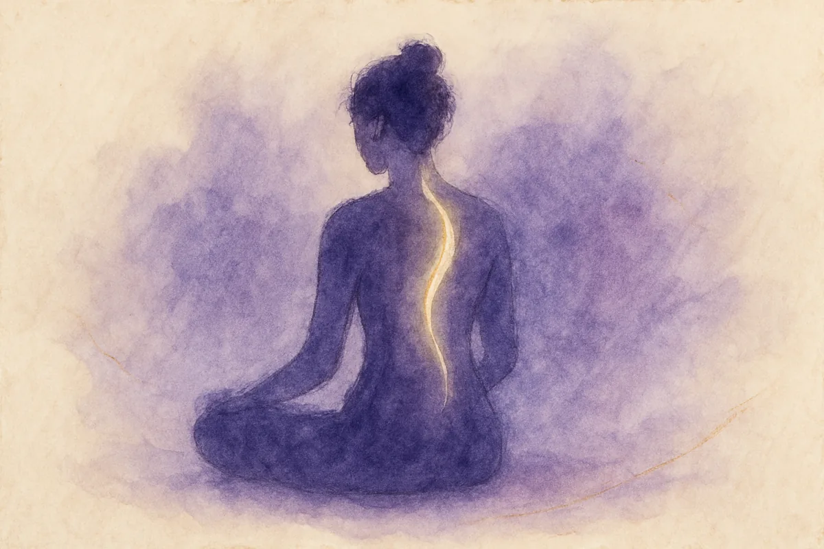Illustration aquarelle poétique aux tons violet profond, dans le style de La Clairière, évoquant kundalini : l'éveil de l'énergie spirituelle.