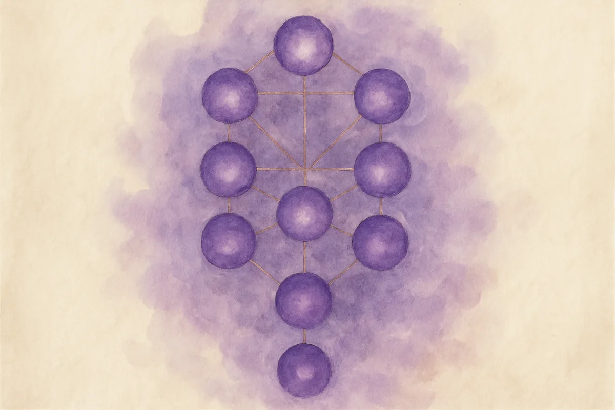 Illustration aquarelle poétique aux tons violet profond, dans le style de La Clairière, évoquant la Kabbale.