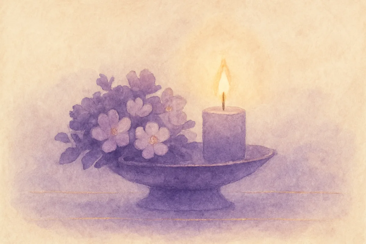 Illustration aquarelle poétique aux tons violet profond, dans le style de La Clairière, évoquant la Puja, un rituel sacré au cœur de l'hindouisme.