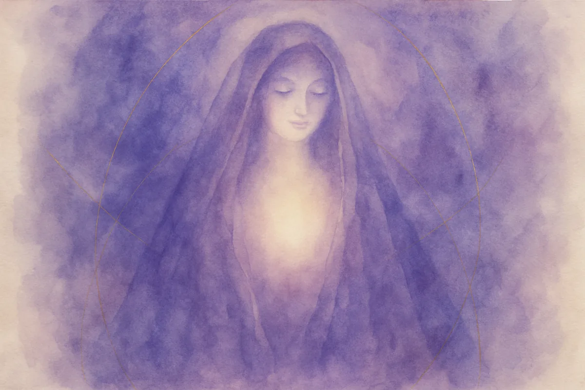 Illustration aquarelle poétique aux tons violet profond, dans le style de La Clairière, évoquant shekinah : signification et présence divine féminine.