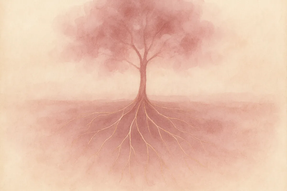Illustration aquarelle poétique aux tons rose poudré, dans le style de La Clairière, évoquant l’ancrage : se reconnecter à la terre