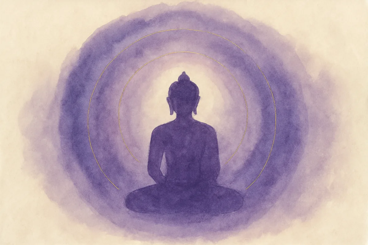 Illustration aquarelle poétique aux tons violet profond, dans le style de La Clairière, évoquant le Trikaya : Les trois corps du Bouddha dans le bouddhisme.