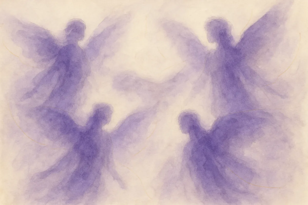 Illustration aquarelle poétique aux tons violet profond, dans le style de La Clairière, évoquant les devas, divinités de la lumière.