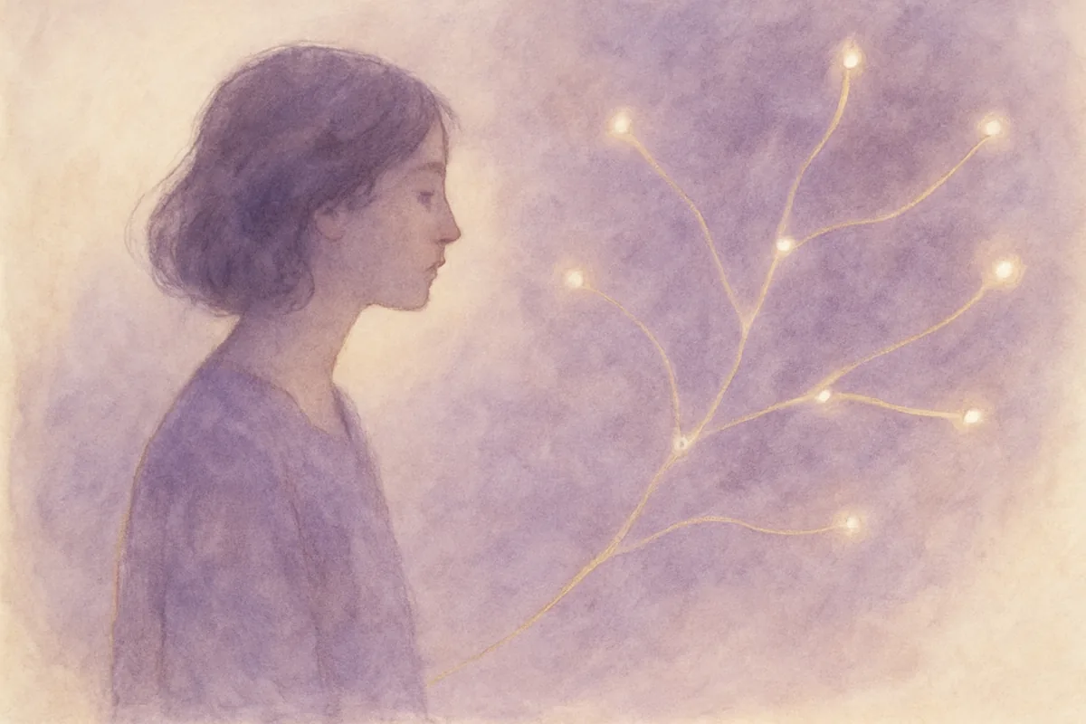 Illustration aquarelle poétique aux tons mauve, dans le style de La Clairière, évoquant une liste des missions de vie parmi lesquelles trouver la sienne.