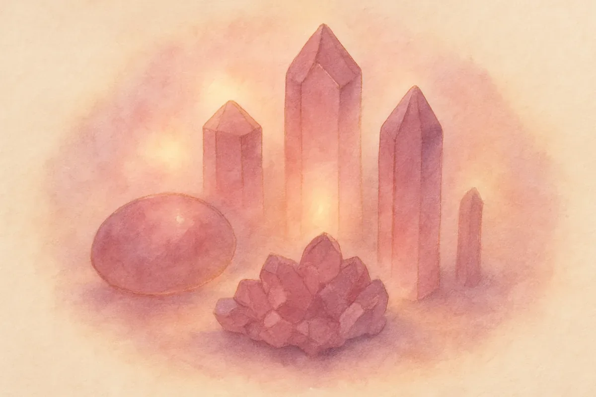 Illustration aquarelle poétique aux tons rose poudré, dans le style de La Clairière, évoquant la lithothérapie : les pierres et leur énergie