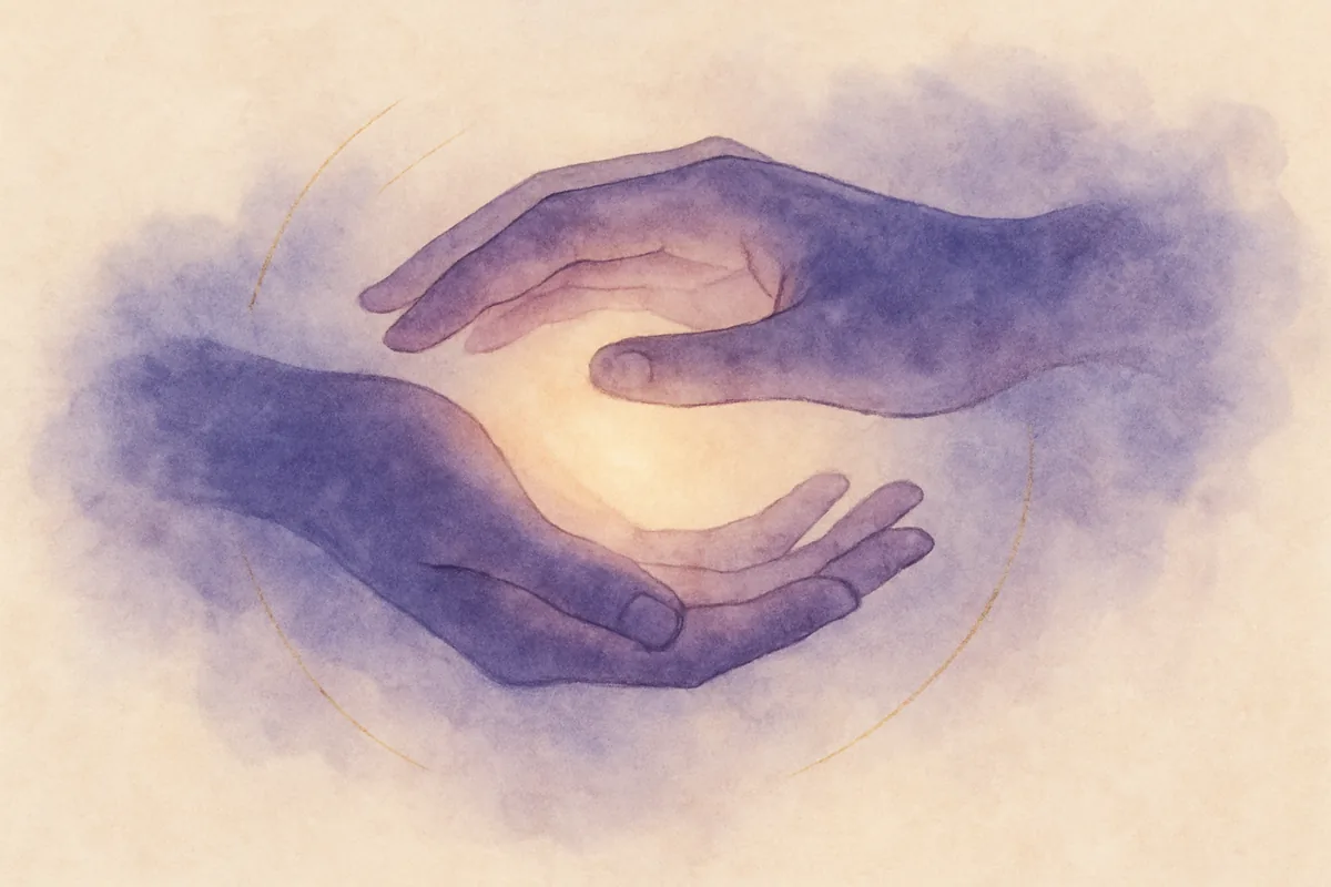 Illustration aquarelle poétique aux tons violet profond, dans le style de La Clairière, évoquant massage tantra ou massage tantrique, la même énergie vitale circule.