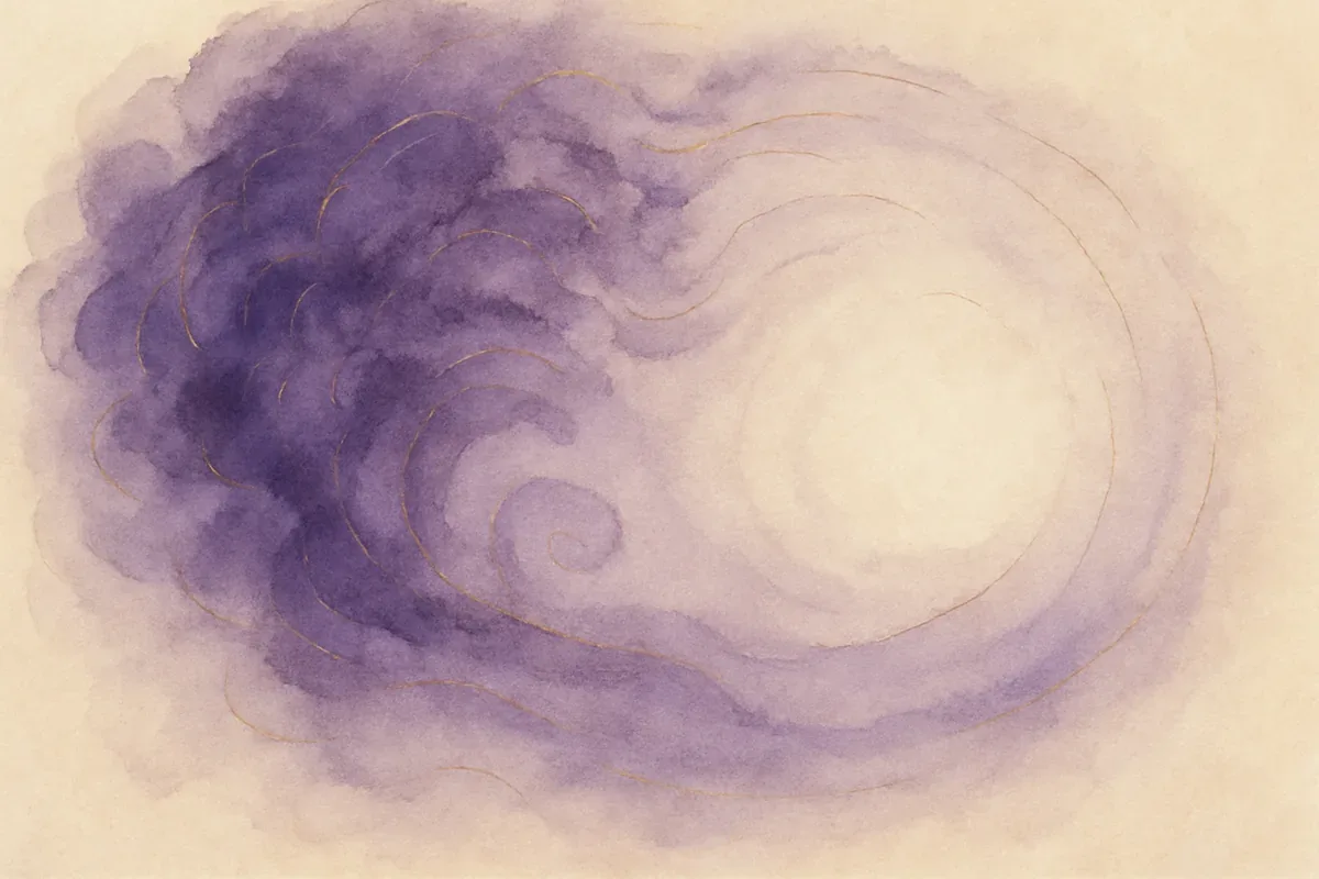 Illustration aquarelle poétique aux tons violet, dans le style de La Clairière, évoquant méditer quand on a un mental agité