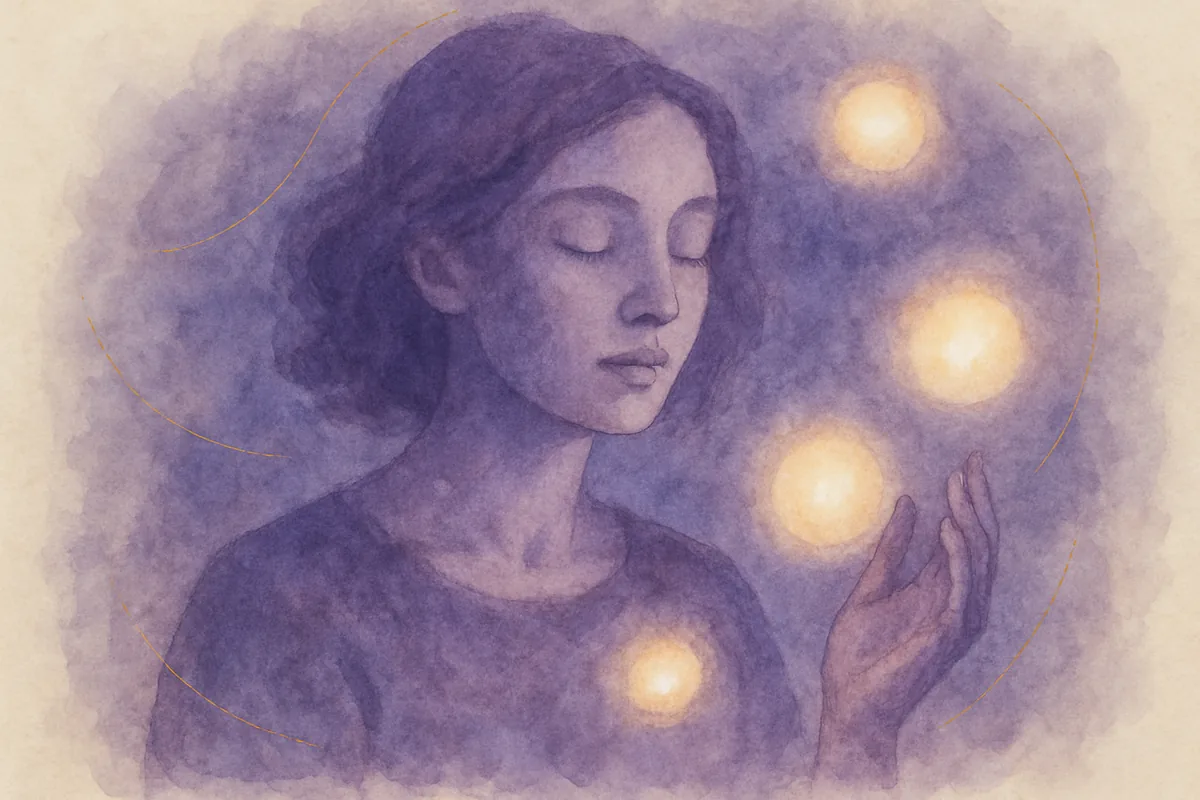 Illustration aquarelle poétique aux tons violet profond, dans le style de La Clairière, évoquant médiumnité : tout savoir sur le don de médium.
