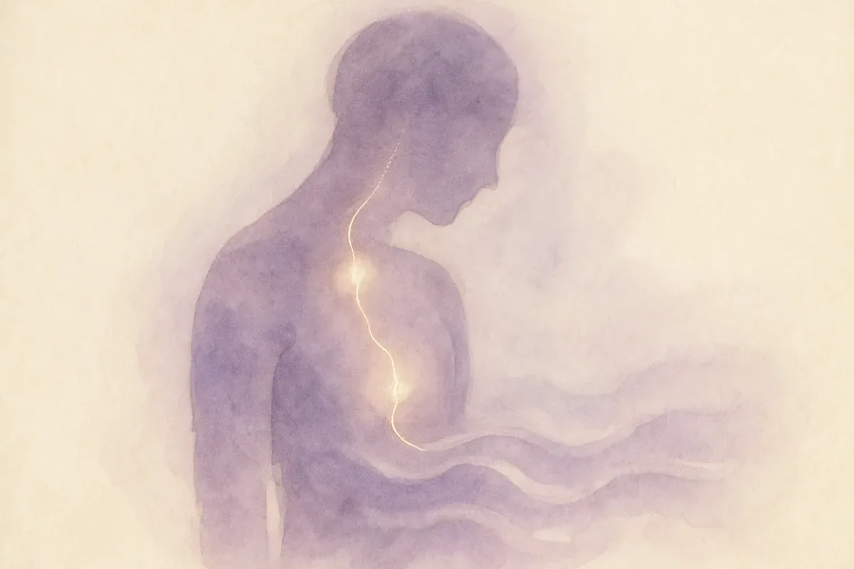 Illustration aquarelle poétique aux tons mauve et lavande, évoquant un système nerveux qui s’apaise, de l’alerte au calme