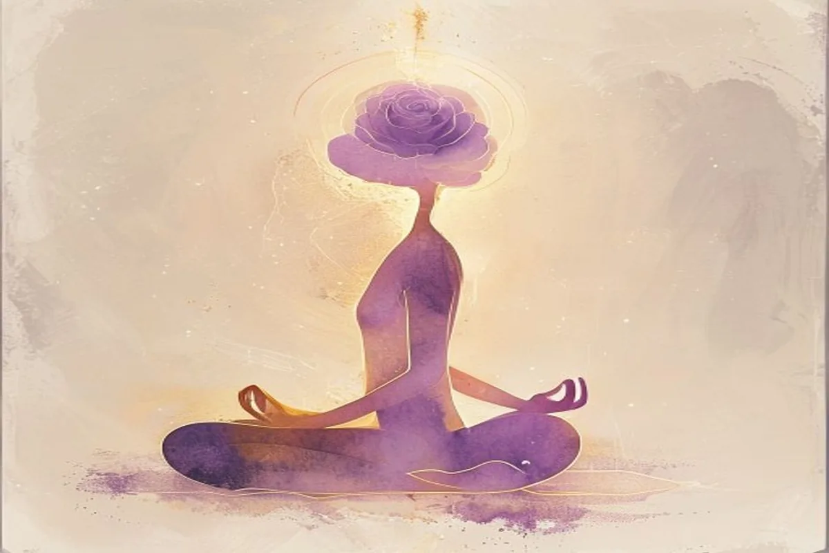 Silhouette sereine en méditation, illustration douce aux tons violets et dorés
