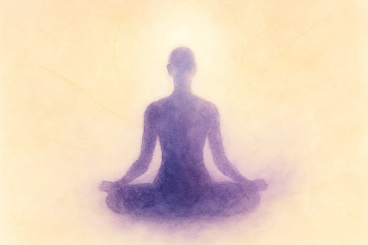 Illustration aquarelle poétique aux tons violet profond, dans le style de La Clairière, évoquant nirvikalpa Samadhi, l'état de conscience transcendante.
