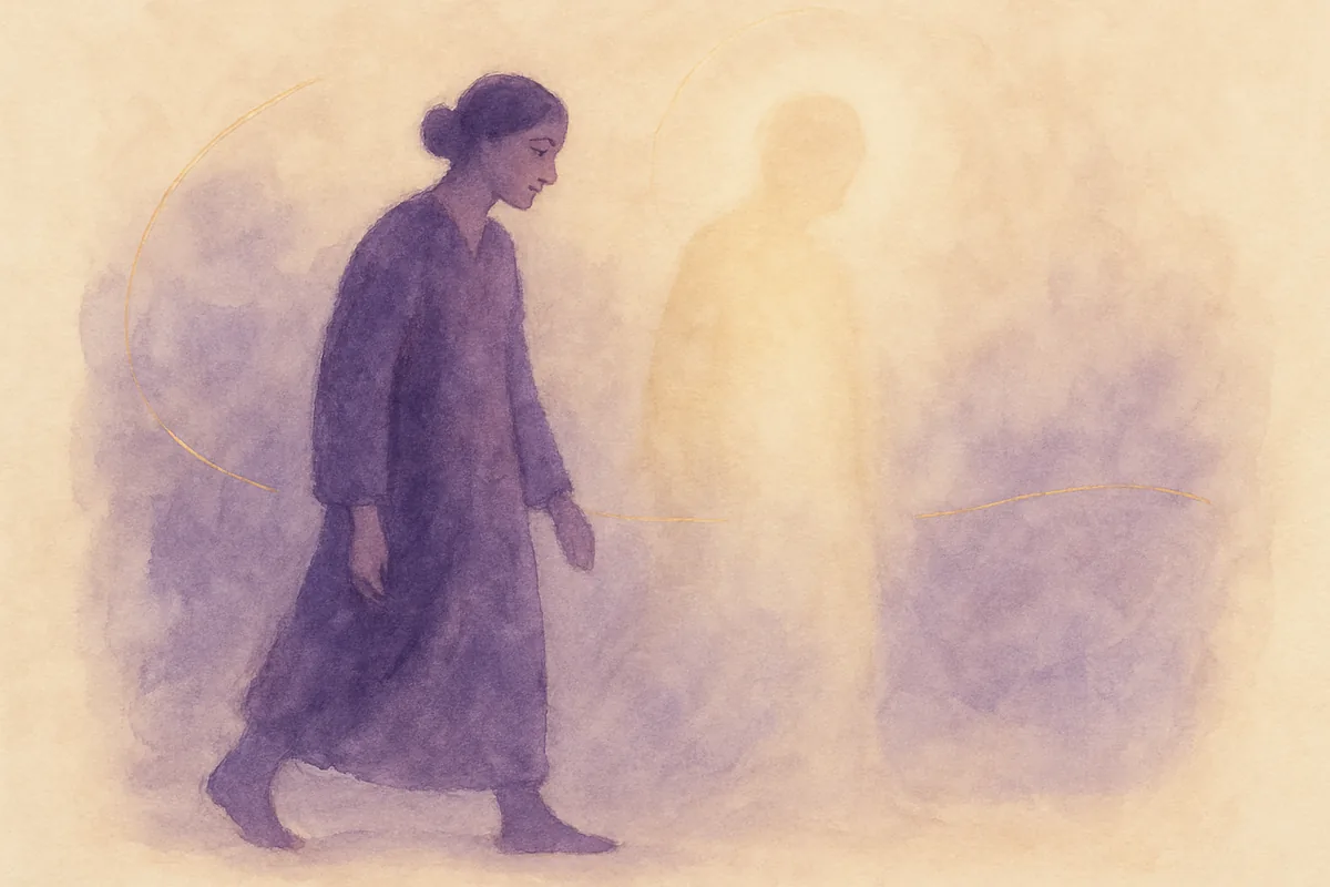 Illustration aquarelle poétique aux tons violet profond, dans le style de La Clairière, évoquant connaître le nom de son guide spirituel.