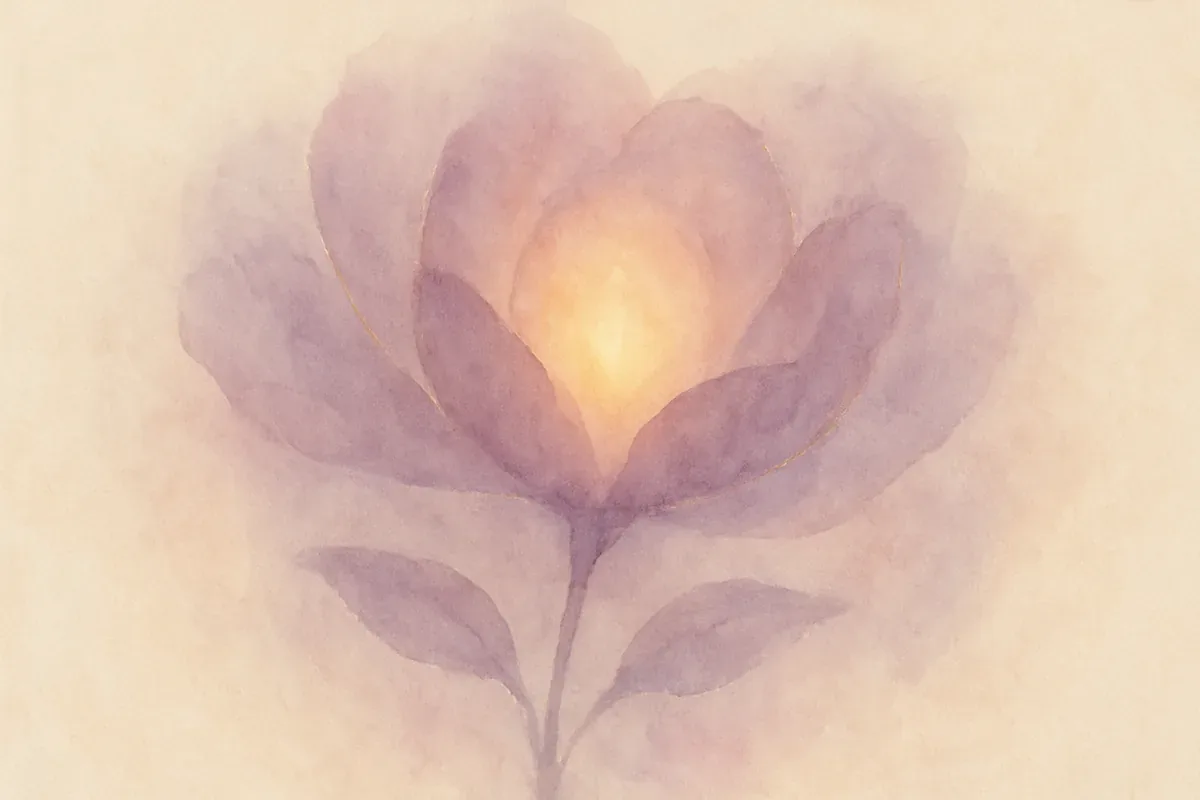 Illustration aquarelle poétique aux tons mauve, dans le style de La Clairière, évoquant nourrir son estime de soi, jour après jour