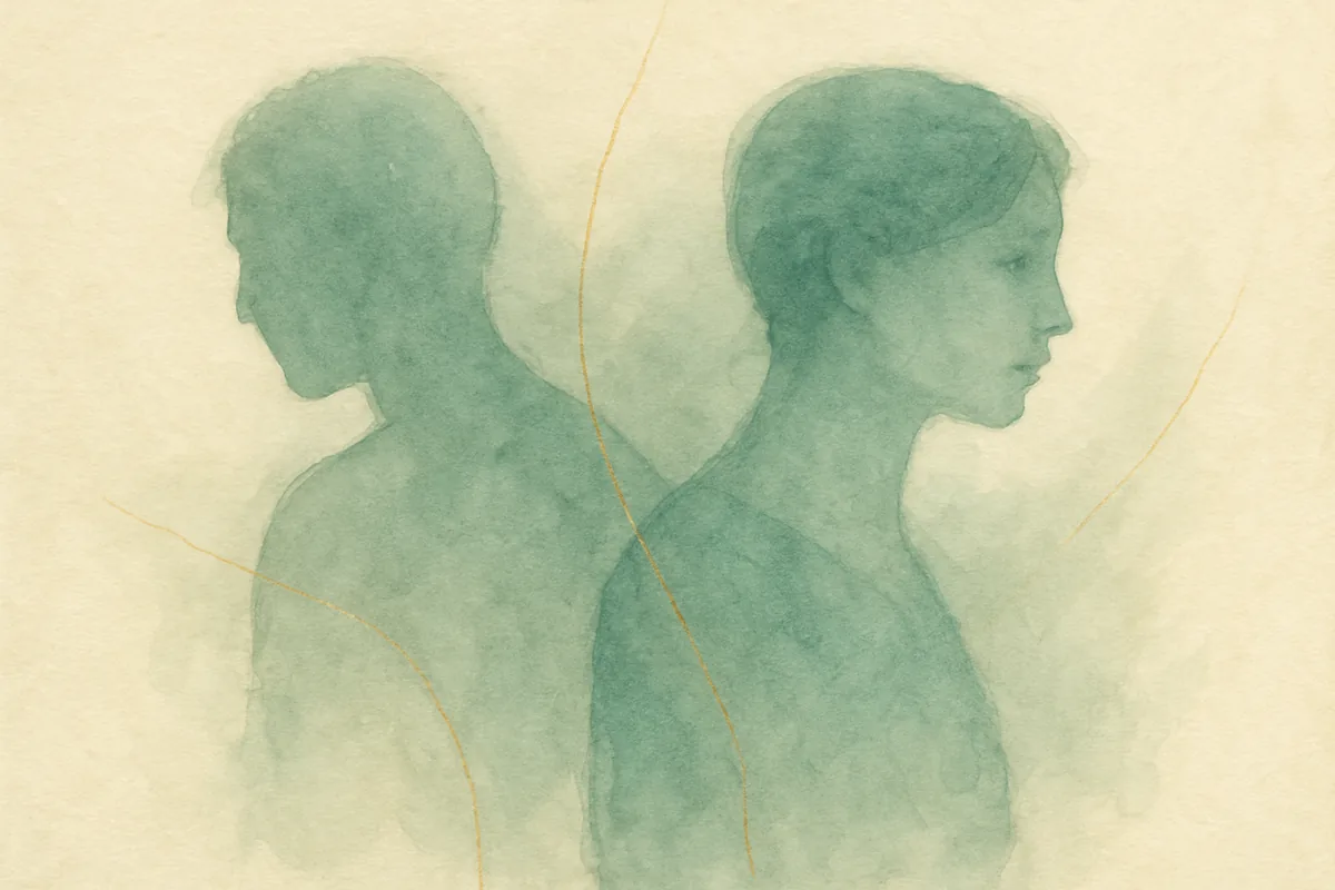 Illustration aquarelle poétique aux tons vert jade, dans le style de La Clairière, évoquant le pervers narcissique, une victime et/ou un bourreau.