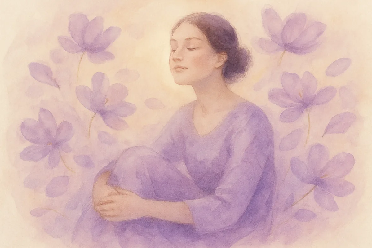 Illustration aquarelle poétique aux tons mauve, dans le style de La Clairière, évoquant il est bon de s'autoriser à prendre du plaisir.