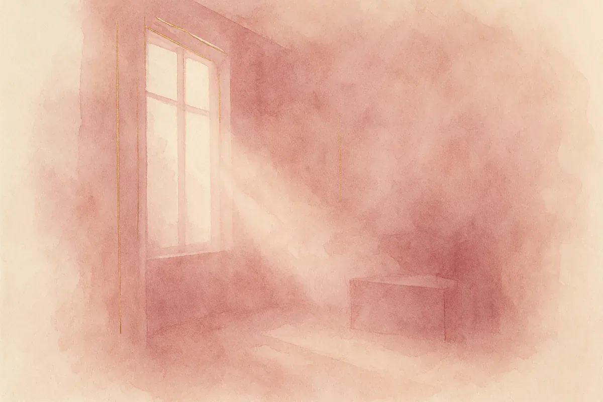 Illustration aquarelle poétique aux tons rose poudré, dans le style de La Clairière, évoquant purifier énergétiquement sa maison