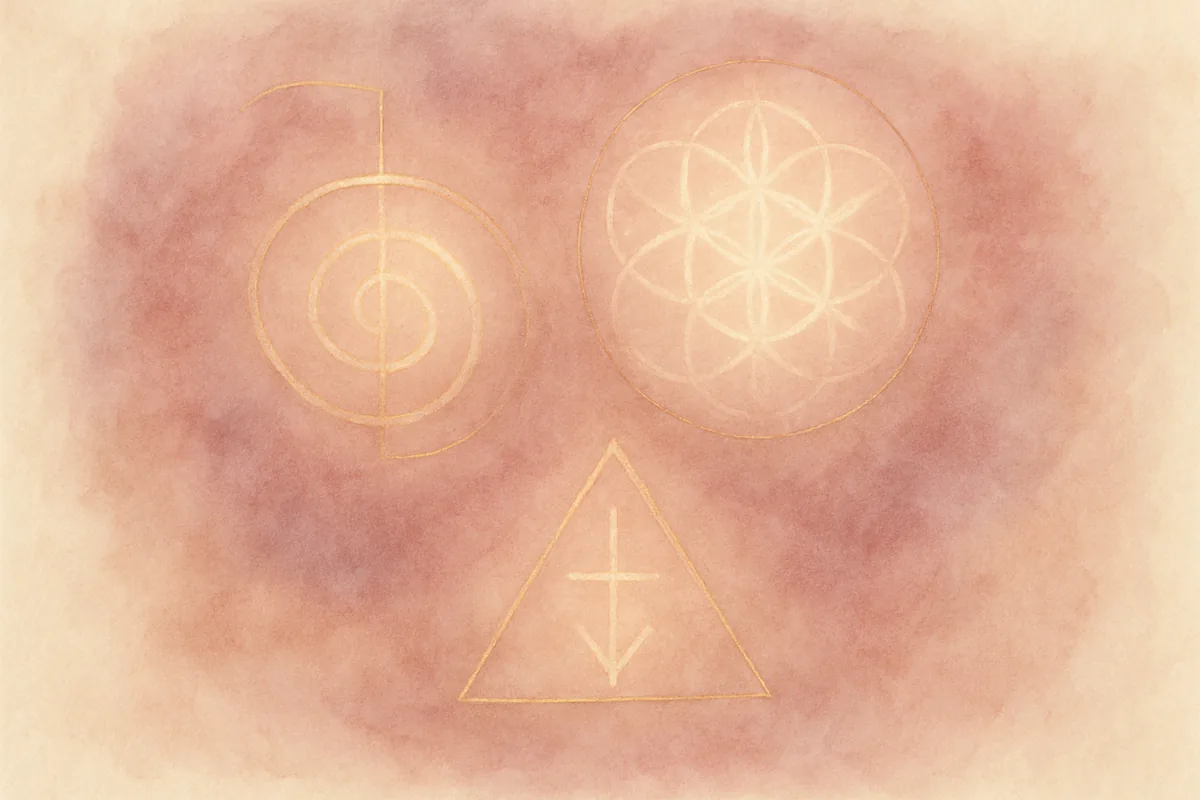 Illustration aquarelle poétique aux tons rose poudré, dans le style de La Clairière, évoquant que sont les 4 symboles reiki.