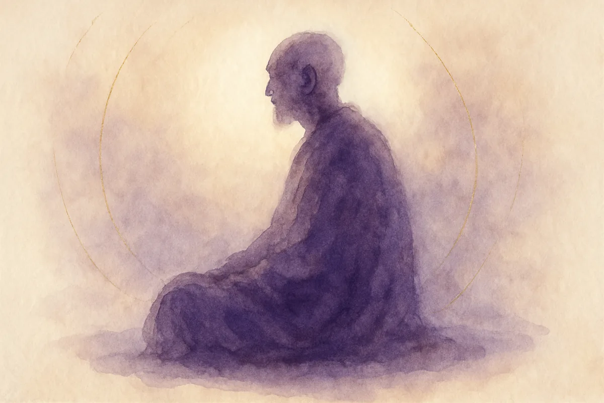 Illustration aquarelle poétique aux tons violet profond, dans le style de La Clairière, évoquant qu'est-ce qu'un gourou.