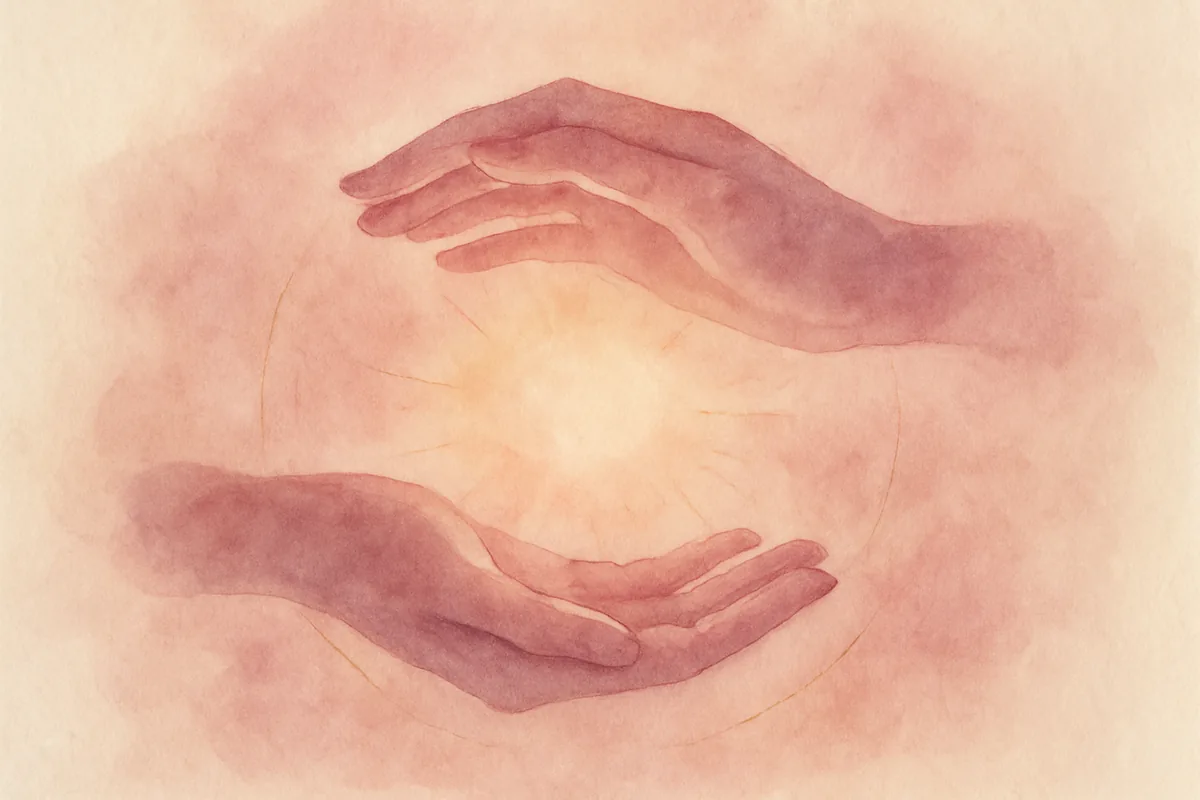 Illustration aquarelle poétique aux tons rose poudré, dans le style de La Clairière, évoquant qu'est-ce qu'un magnétiseur ? Que fait-il.