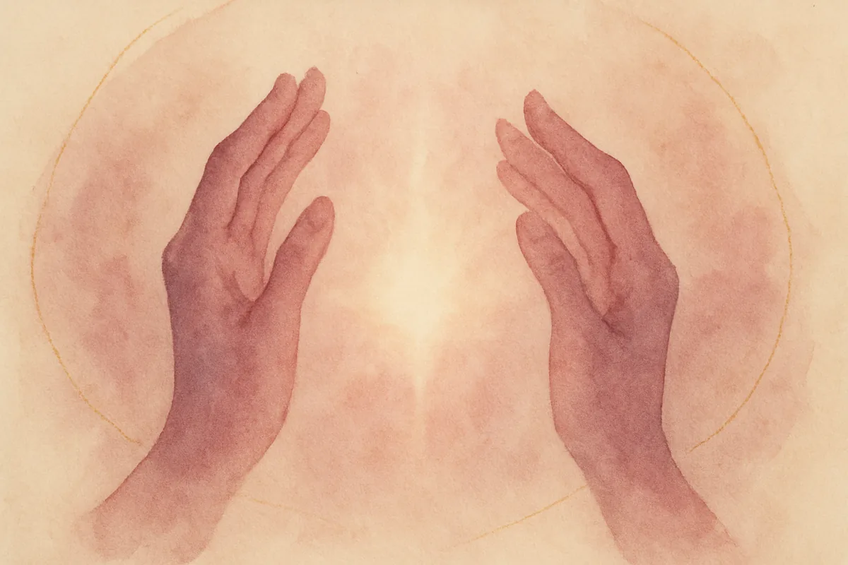 Illustration aquarelle poétique aux tons rose poudré, dans le style de La Clairière, évoquant le reiki à distance : le pratiquer, le recevoir.