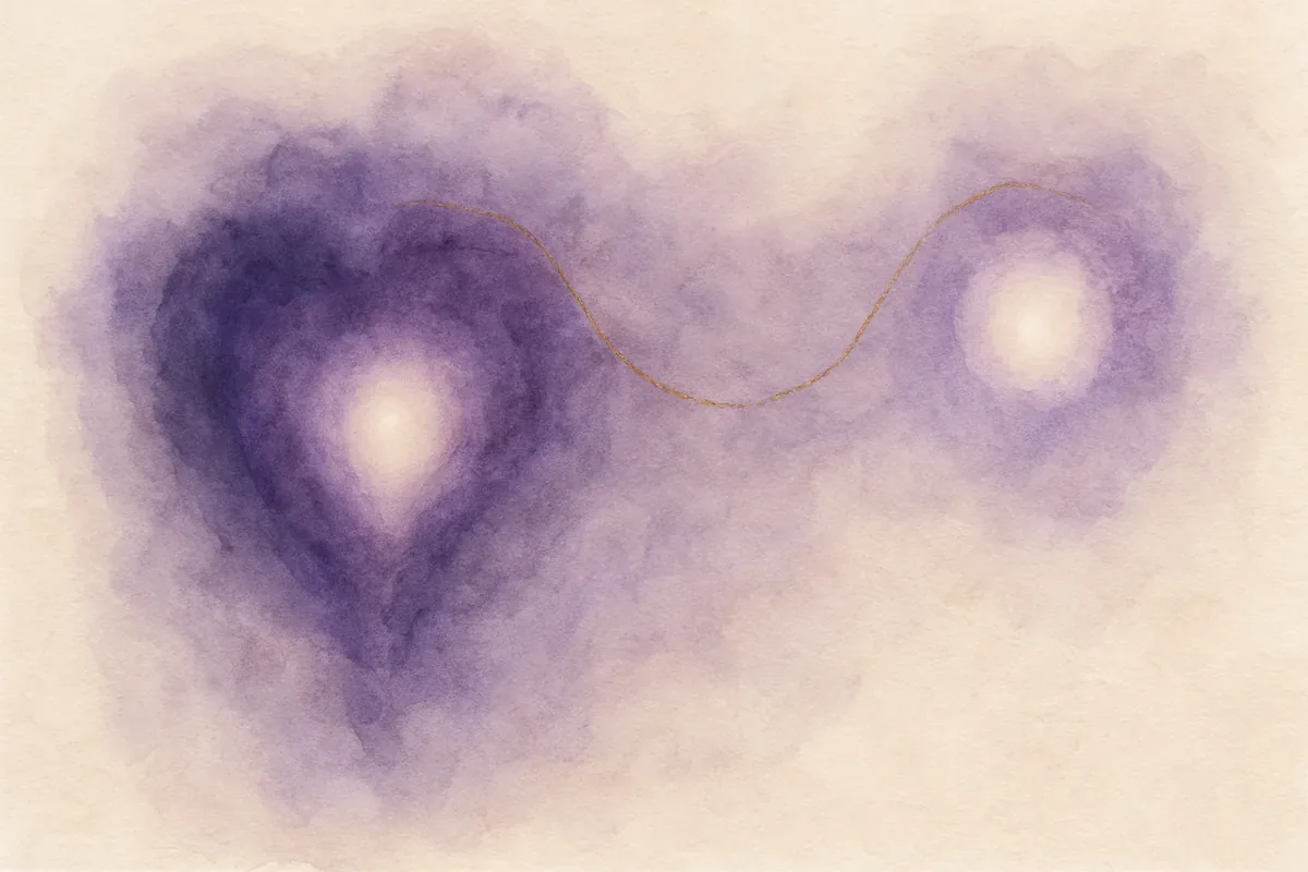 Illustration aquarelle poétique aux tons violet, dans le style de La Clairière, évoquant se relier à son âme : premiers pas