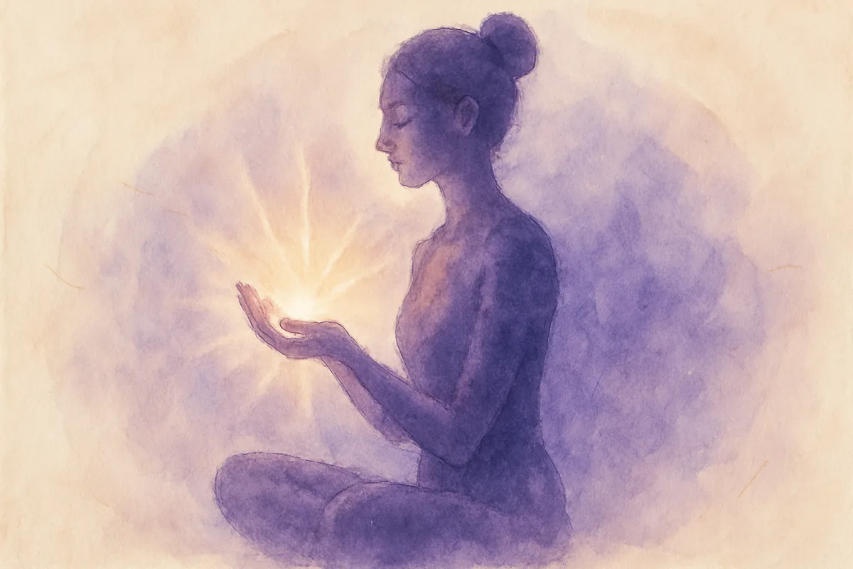 Illustration aquarelle poétique aux tons violet profond, dans le style de La Clairière, évoquant siddhi, les pouvoirs extraordinaires du yoga.