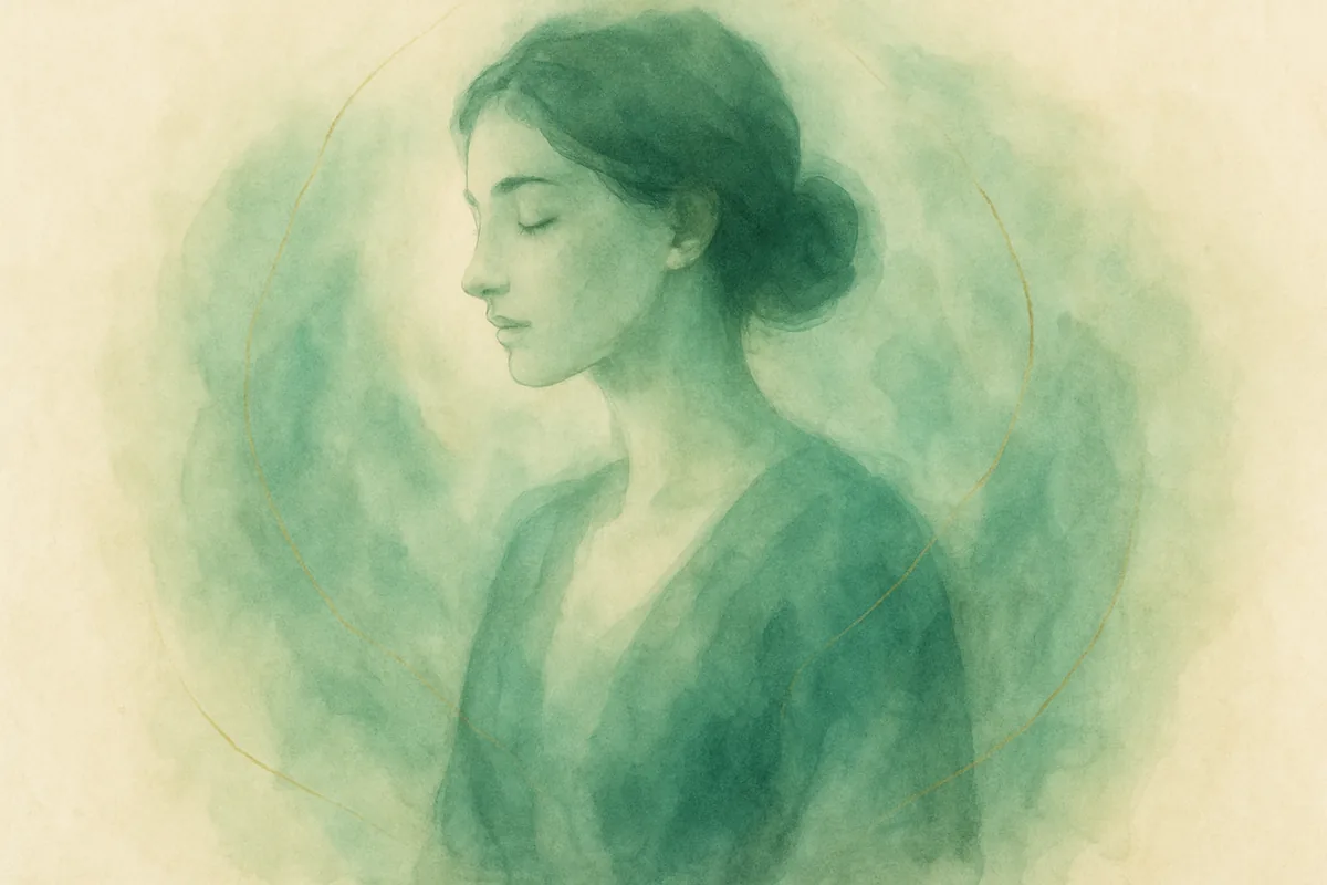 Illustration aquarelle poétique aux tons vert jade, dans le style de La Clairière, évoquant soin énergétique : effets secondaires à envisager.