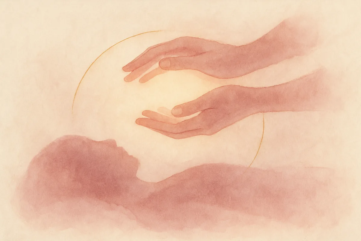 Illustration aquarelle poétique aux tons rose poudré, dans le style de La Clairière, évoquant les soins énergétiques et le cancer.