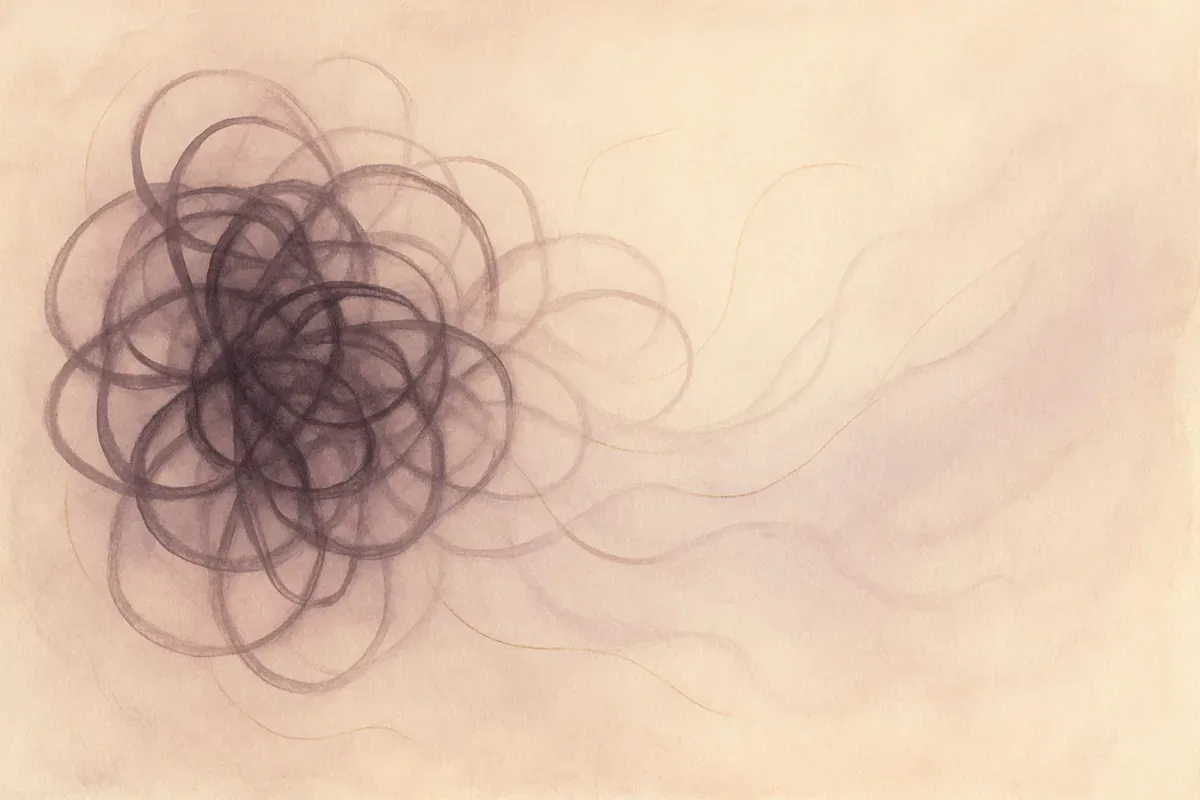 Illustration aquarelle poétique aux tons mauve, dans le style de La Clairière, évoquant sortir des pensées négatives en boucle