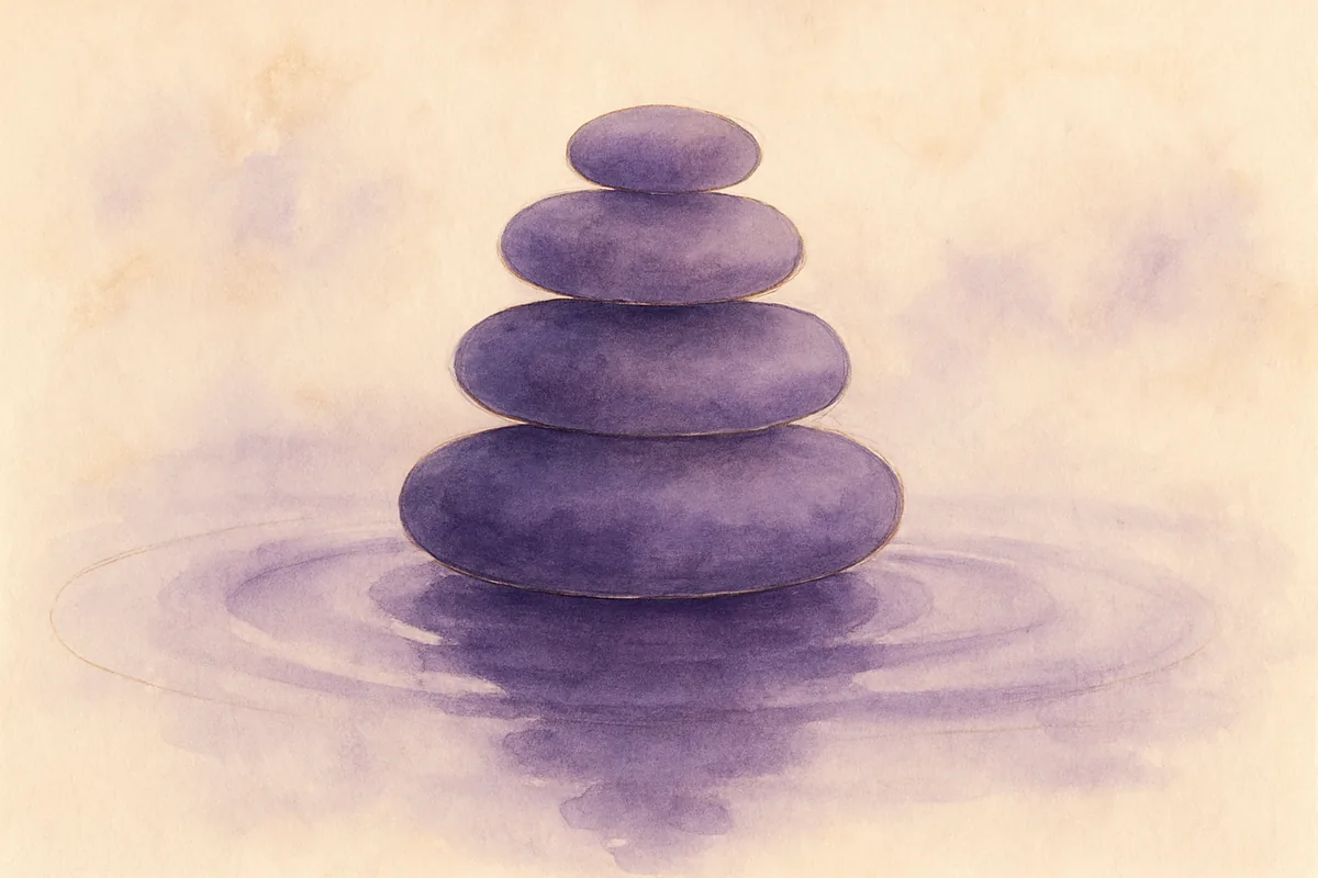 Illustration aquarelle poétique aux tons violet profond, dans le style de La Clairière, évoquant trouver la sérénité intérieure grâce au Bouddhisme Zen.