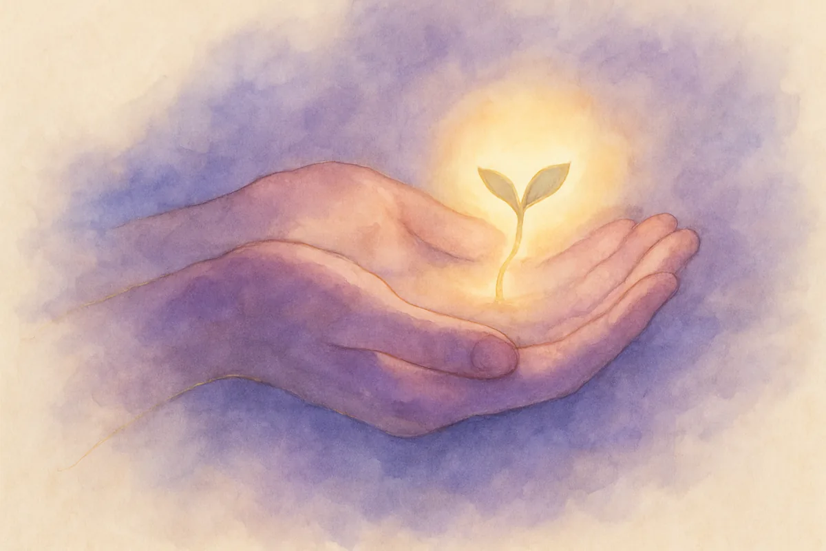 Illustration aquarelle poétique aux tons mauve, dans le style de La Clairière, évoquant trouver sa mission de vie et sa mission d'âme.