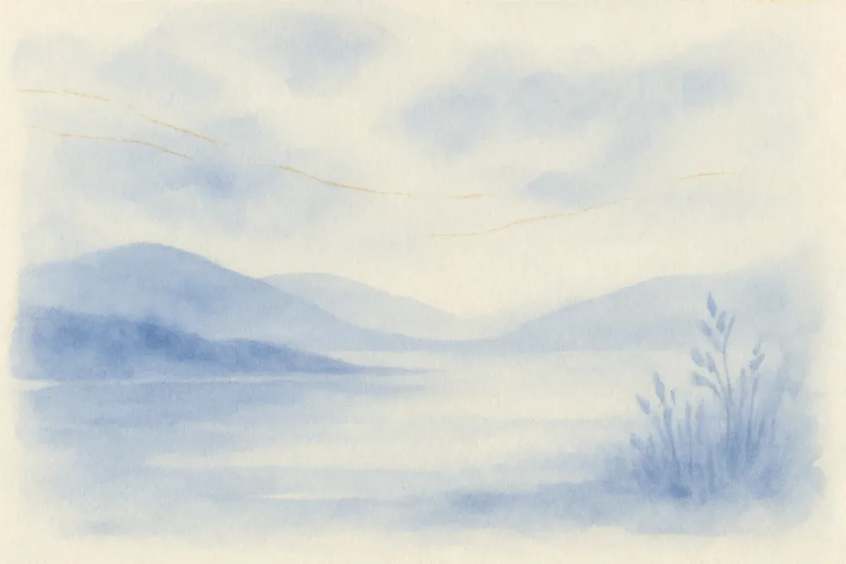 Illustration aquarelle poétique aux tons bleu doux, dans le style de La Clairière, évoquant vivre plus lentement : l’art de la simplicité