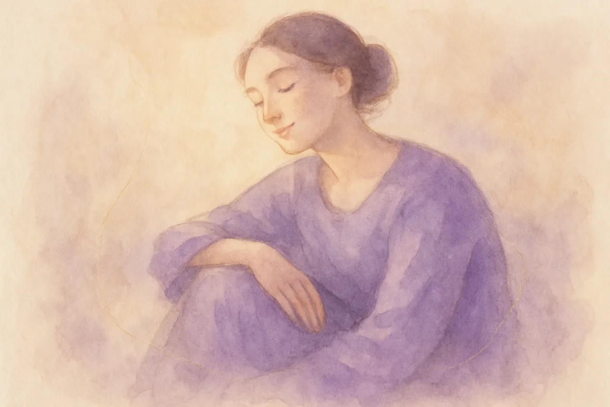 Illustration aquarelle poétique aux tons mauve, dans le style de La Clairière, évoquant vivre pour soi, ça fait du bien.